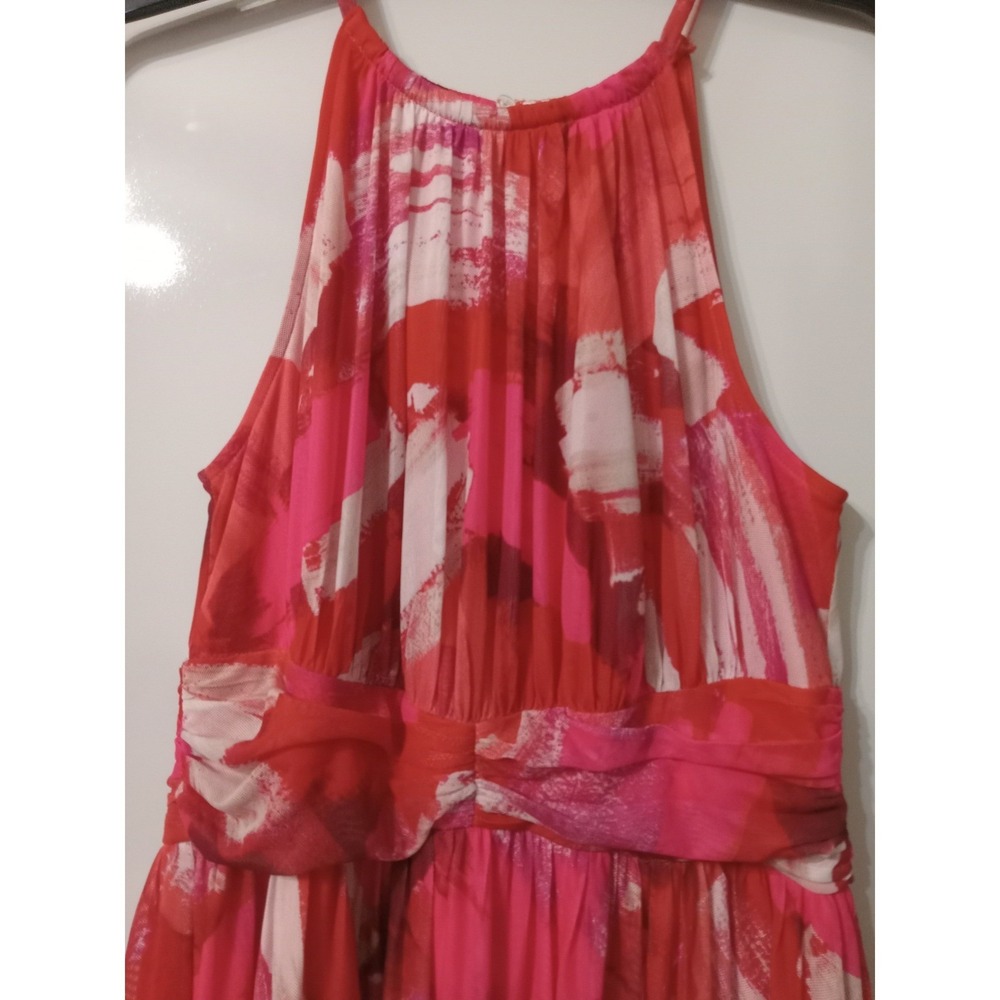 London Times Red Pink Abstract Print Halter Maxi RuchedWedding CruiseBoho Size10 - Picture 3 of 4